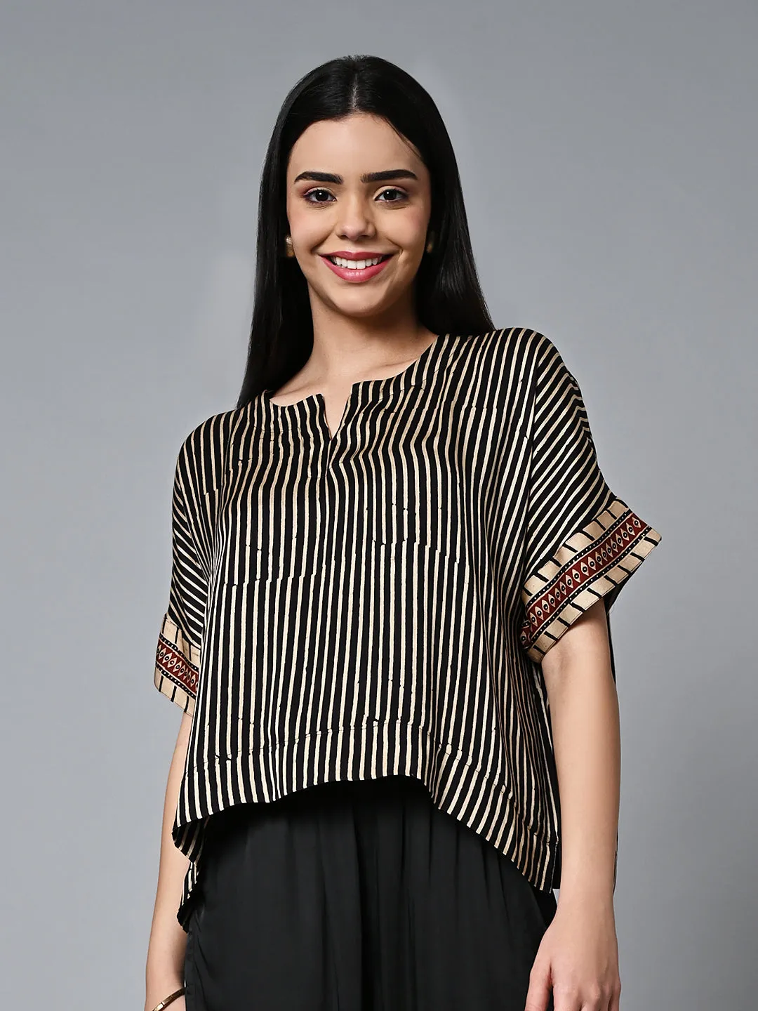 Women's Ajrak Hand Block Printed Boxy Fit Modal Black Blouse