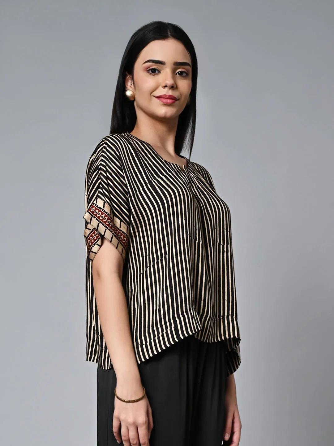 Women's Ajrak Hand Block Printed Boxy Fit Modal Black Blouse