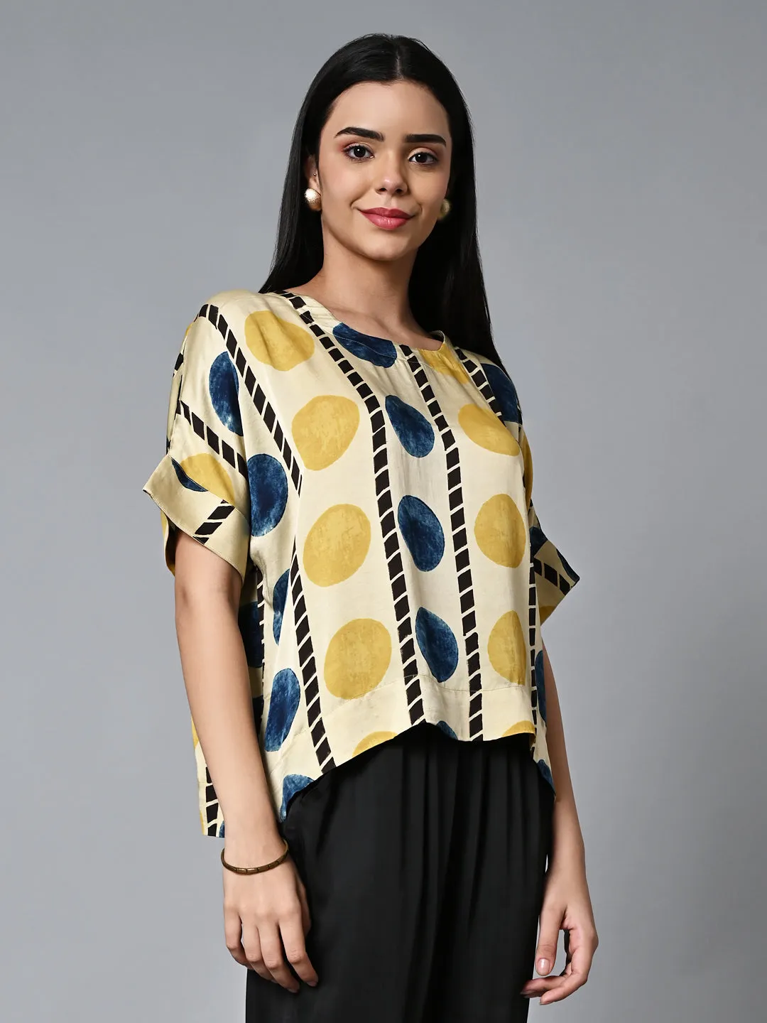 Women's Ajrak Hand Block Printed Boxy Fit Modal Mustard Blouse