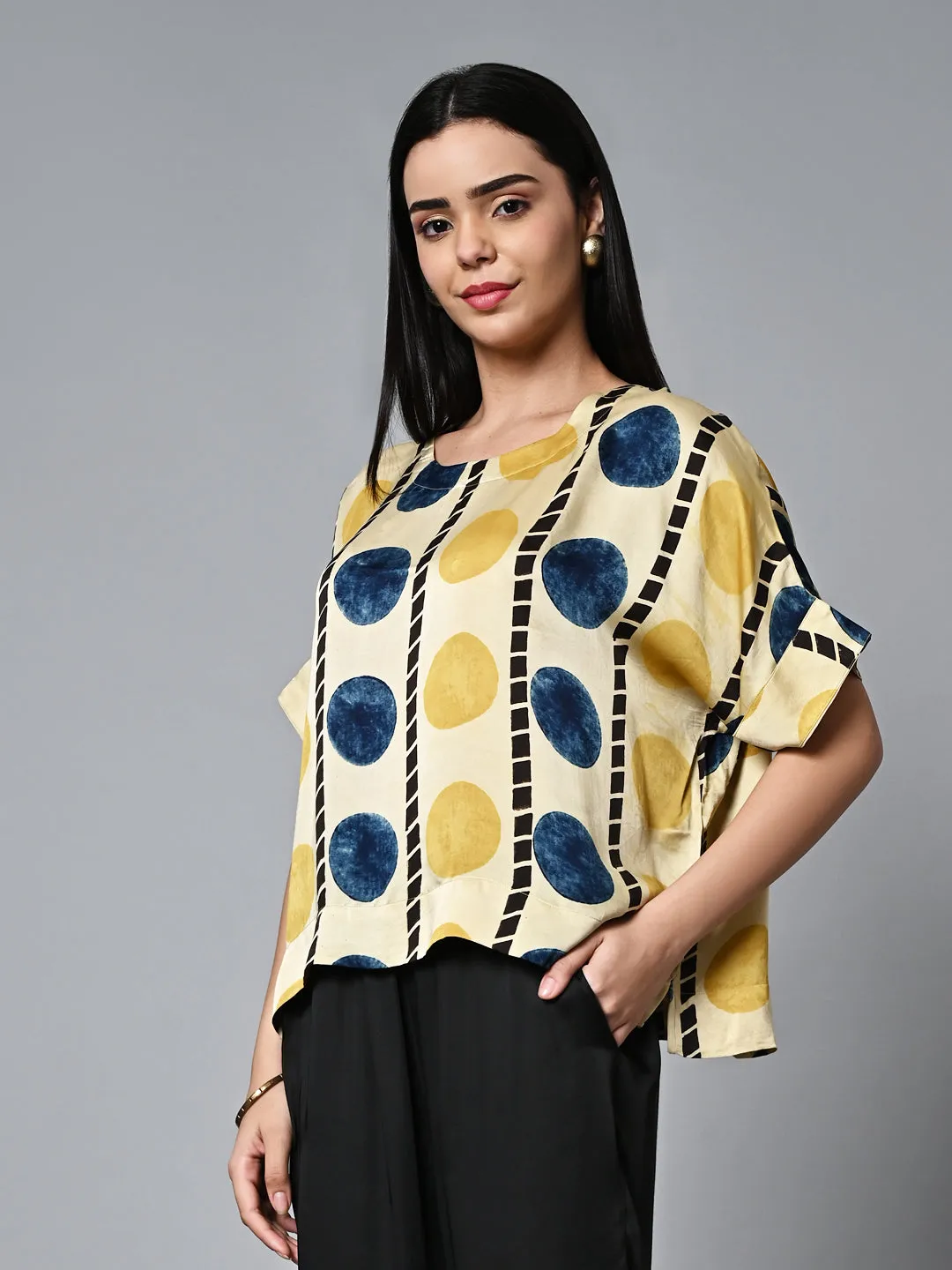 Women's Ajrak Hand Block Printed Boxy Fit Modal Mustard Blouse