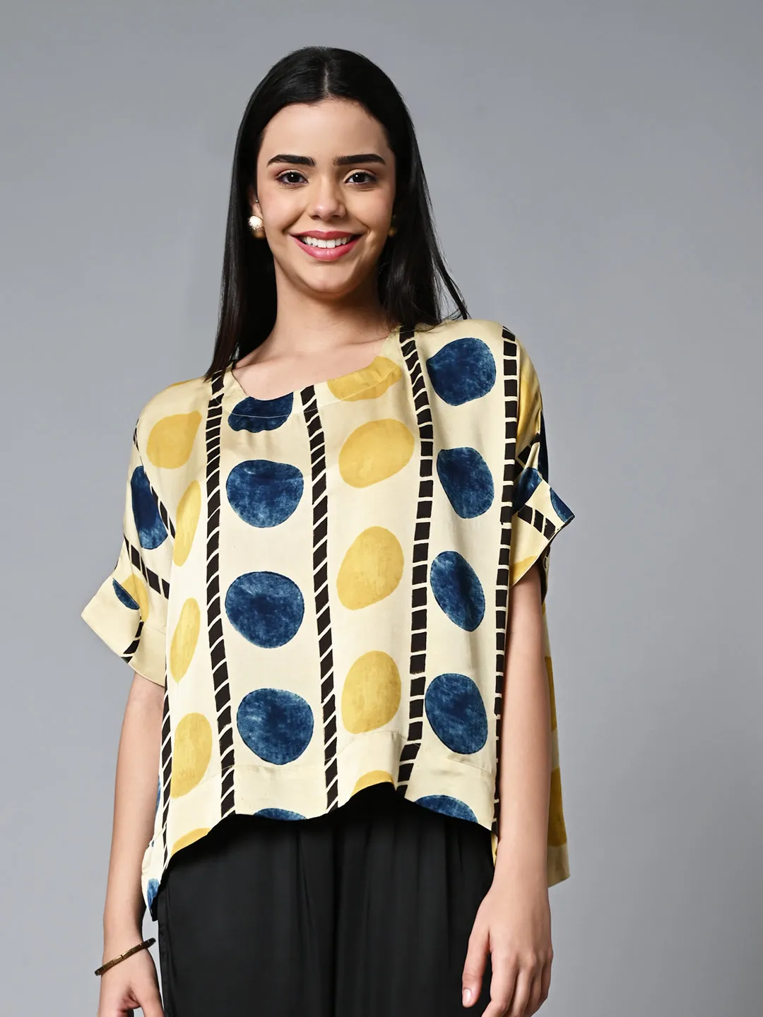 Women's Ajrak Hand Block Printed Boxy Fit Modal Mustard Blouse