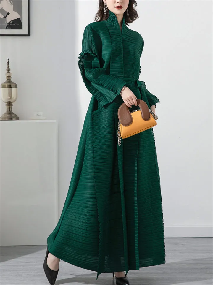 Women's Elegant High Collar Lace Up Midi Dress Coat