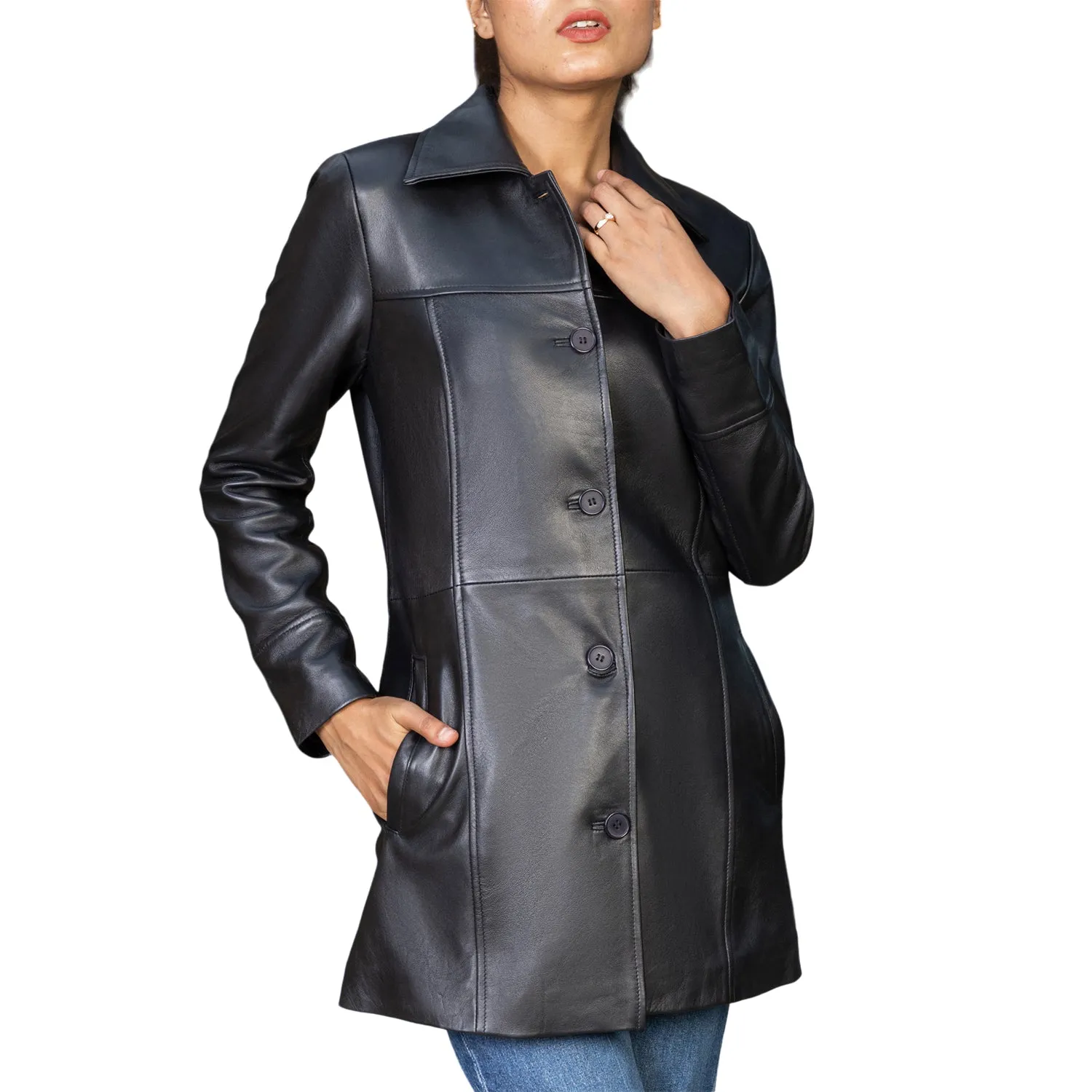 Women’s Real Leather 3/4 Length Car Coat