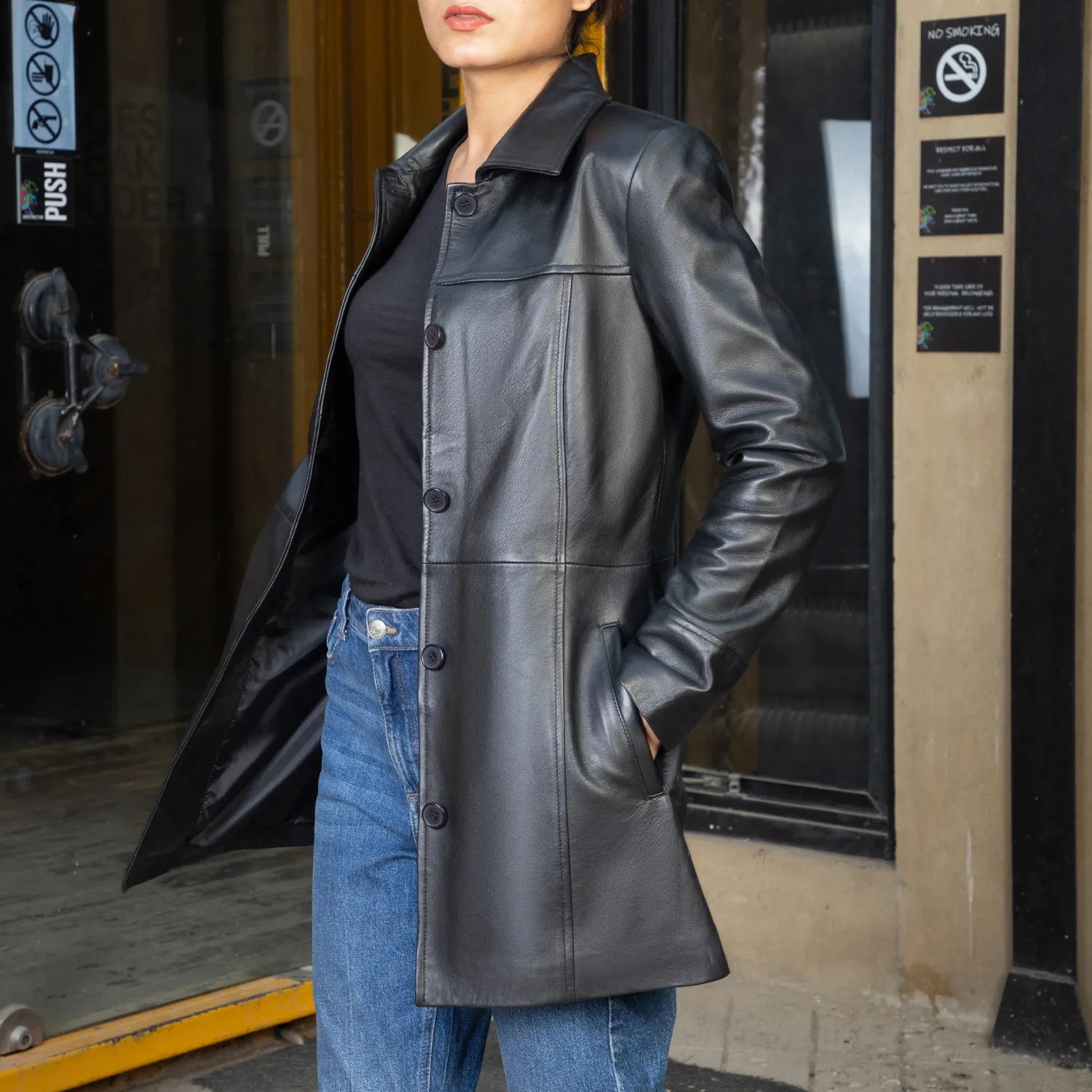 Women’s Real Leather 3/4 Length Car Coat